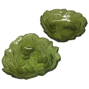 Green Indiana Glass Uranium Dish Raspberry Loganberry Blackberry Pressed 2 Vtg